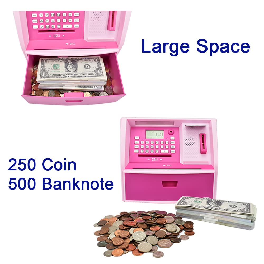 Atm Savings Bank With Debit Card, Electronic Piggy Bank For Real Money, Coin Recognition, Targets Setting, Password Login, Voice Prompt, Great Gift For Boys Girls (Pink/Pink)