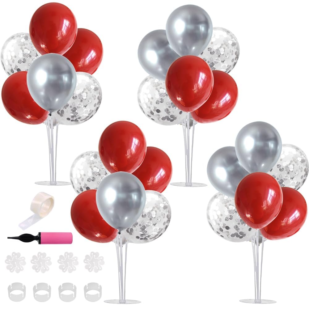TONIFUL 4 Centerpieces Table Stand,Red Sliver Balloon Stand for Christmas,Birthday,Wedding,Anniversary, Graduation Decorations,V