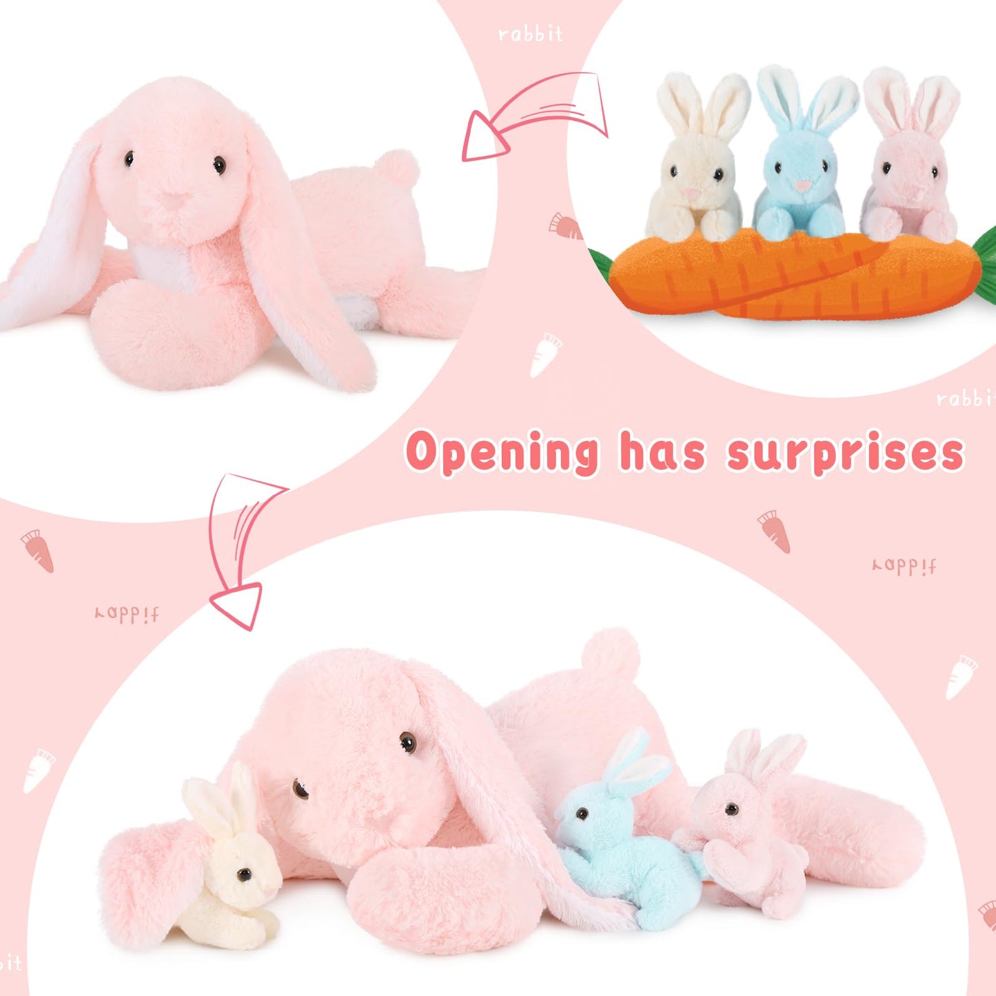 BENINY Big Pink Bunny Stuffed Animal - Large 24" Plush Toy with 3 Babies Inside - Perfect Easter Gift for Girls and Babies