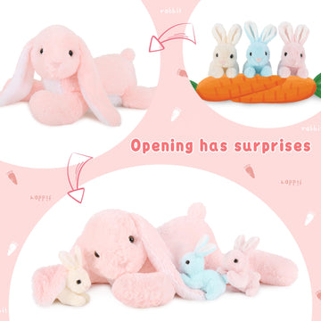 BENINY Big Pink Bunny Stuffed Animal - Large 24" Plush Toy with 3 Babies Inside - Perfect Easter Gift for Girls and Babies