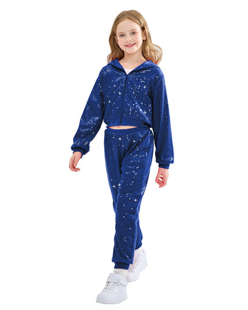 Lolanta Girls Hip Hop Dance Costumes Shiny Sequin Outfits Hooded Top With Pants For Halloween Cosplay (Royal Blue, 8-9 Years)