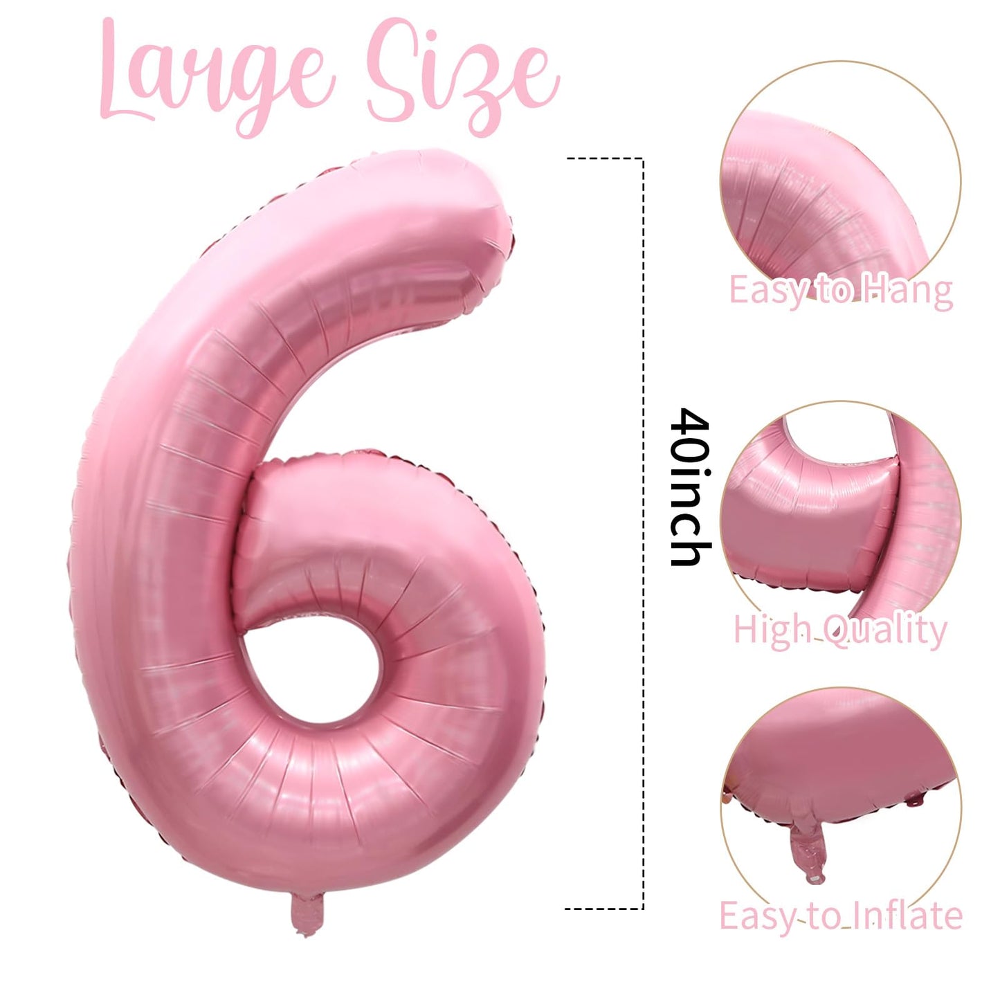 40 Inch Pink Number 6 Balloons, Large Balloon Number Foil Number Balloons, Light Pink 6th Foil Birthday Balloon for Girls Birthd