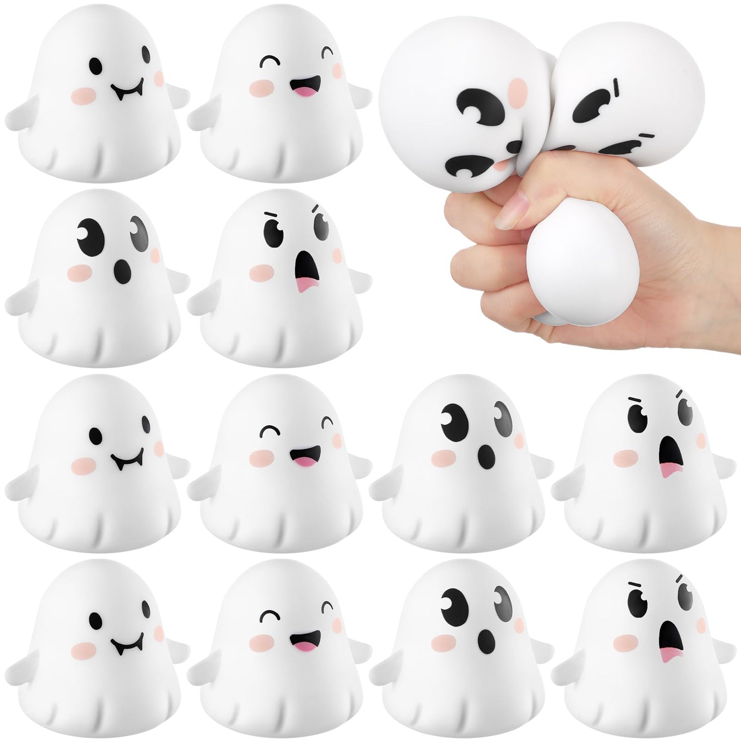 Meooeck 12 Pcs Halloween Ghost Stress Relief Toys Mini Ghost Toys for Relief Fidget Squeeze Balls Halloween Stress Balls Party F