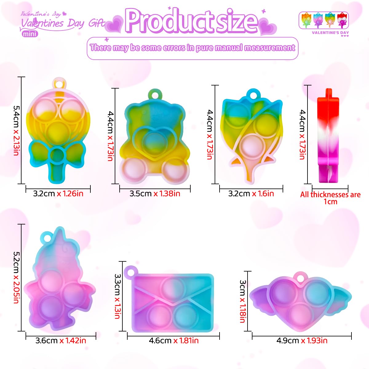 Onkull 24 Packs Valentines Day 6-Design Gift Pop Bubble Keychains, Mini Colored Pop, Multi-Shape Stress Relief Fidget Toys For K