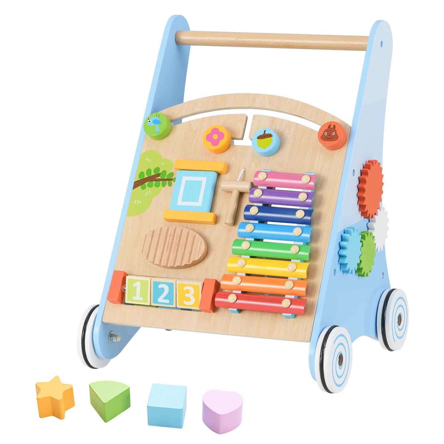INFANS Wooden Baby Walker, Montessori Walker with Multiple Activity Toys, Storage, Push Toys for Infant Learning to Walk, Sit to