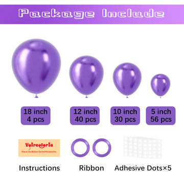 Voircoloria 130Pcs Metallic Purple Balloons Different Sizes 18'' 12'' 10'' 5'' Chrome Purple Latex Balloon Garland Arch Kit For