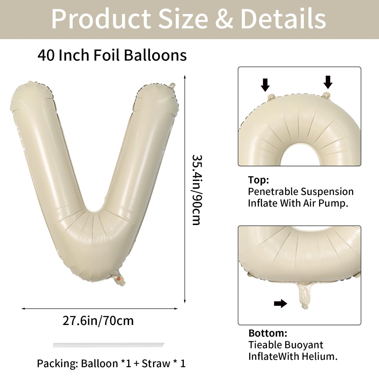 Biapian 40 Inch Letter V Balloons, Giant Cream V Foil Balloon, Big Single Alphabet A-Z Balloons, Beige Large Aluminum V Balloons