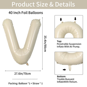 Biapian 40 Inch Letter V Balloons, Giant Cream V Foil Balloon, Big Single Alphabet A-Z Balloons, Beige Large Aluminum V Balloons