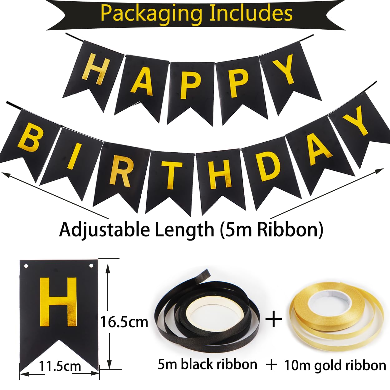 Happy Birthday Banner, Black Gold Birthday Decoration, 16 Pcs 12In Happy Birthday Balloons With 2 Ribbons For Men Women Girls An
