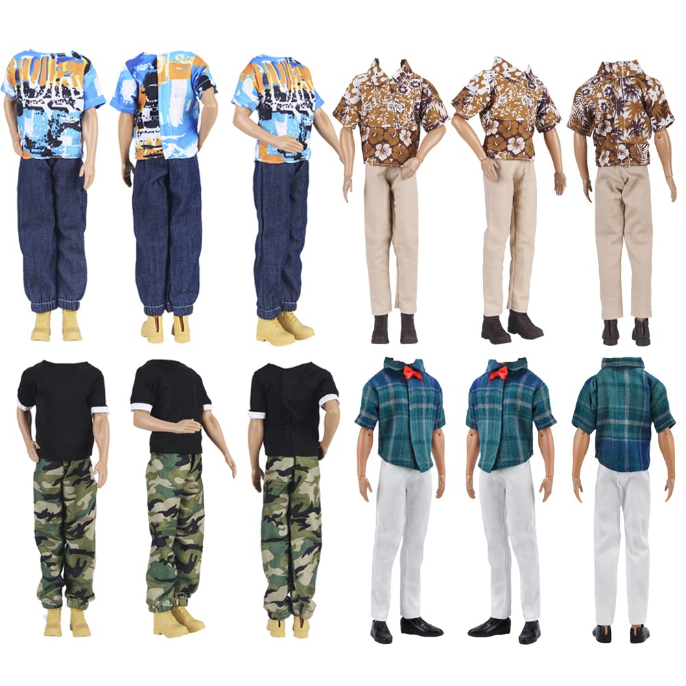E-Ting 10-Item Trench Coat Pack = 5 Sets Fashion Casual Wear Clothes Outfit +5 Pairs Shoes For Boy Doll Random Style (Khaki Long Jacket Overcoat + Casual Wear Clothes +Swim Trunks)