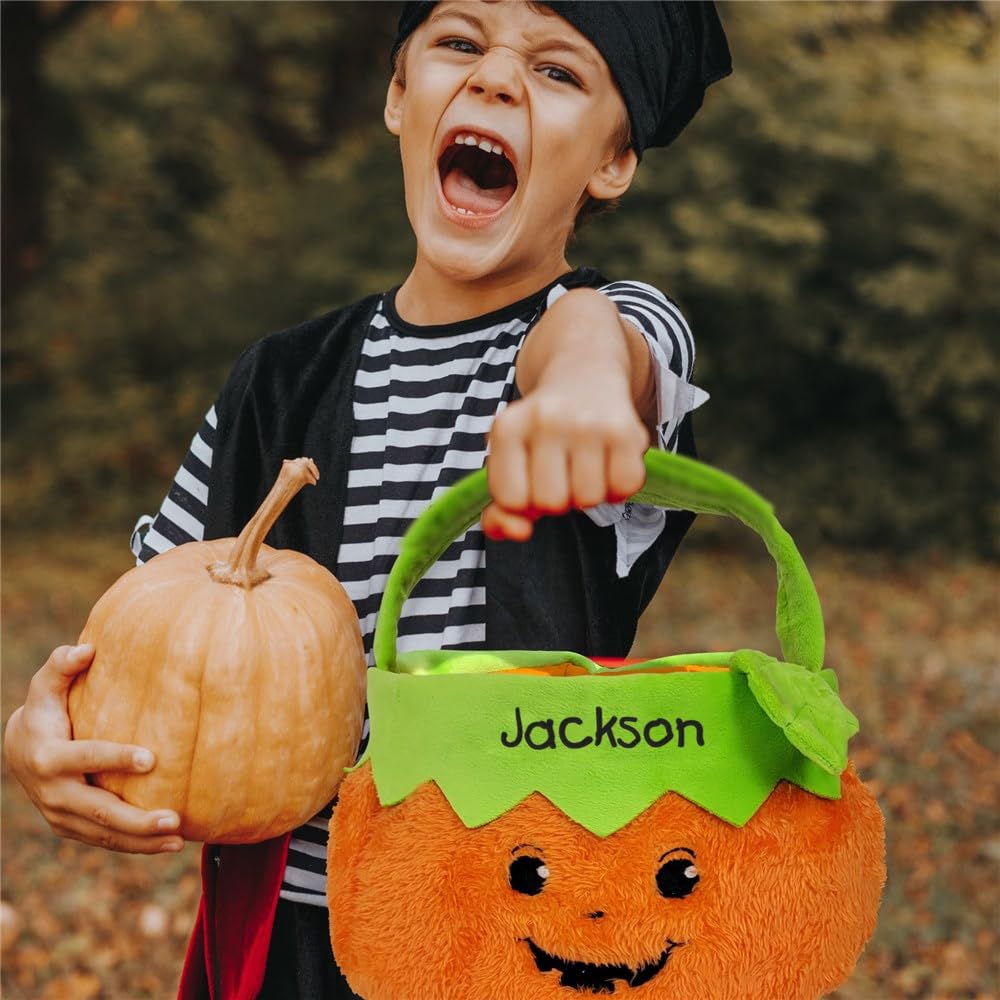 Giftsforyounow Pumpkin Boy Personalized Trick Or Treat Bag, Personalized Halloween Basket, Custom Halloween Bag, Emboridered Bag
