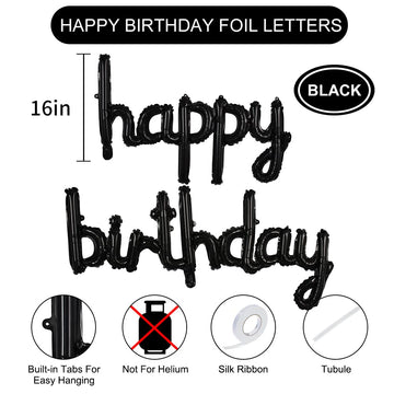 Toniful Black Happy Birthday Balloons Banner, 16 Inch Mylar Foil Script/Cursive Letters Birthday Sign Banner Balloon Reusable Ma