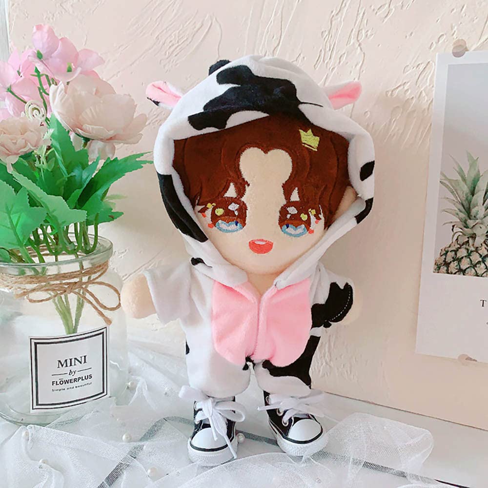 Niannyyhouse Cow Clothes 20Cm(7.8In) Plush Doll Clothes Onesies + Shoe 2-Piece Set Pajamas (Black+White)