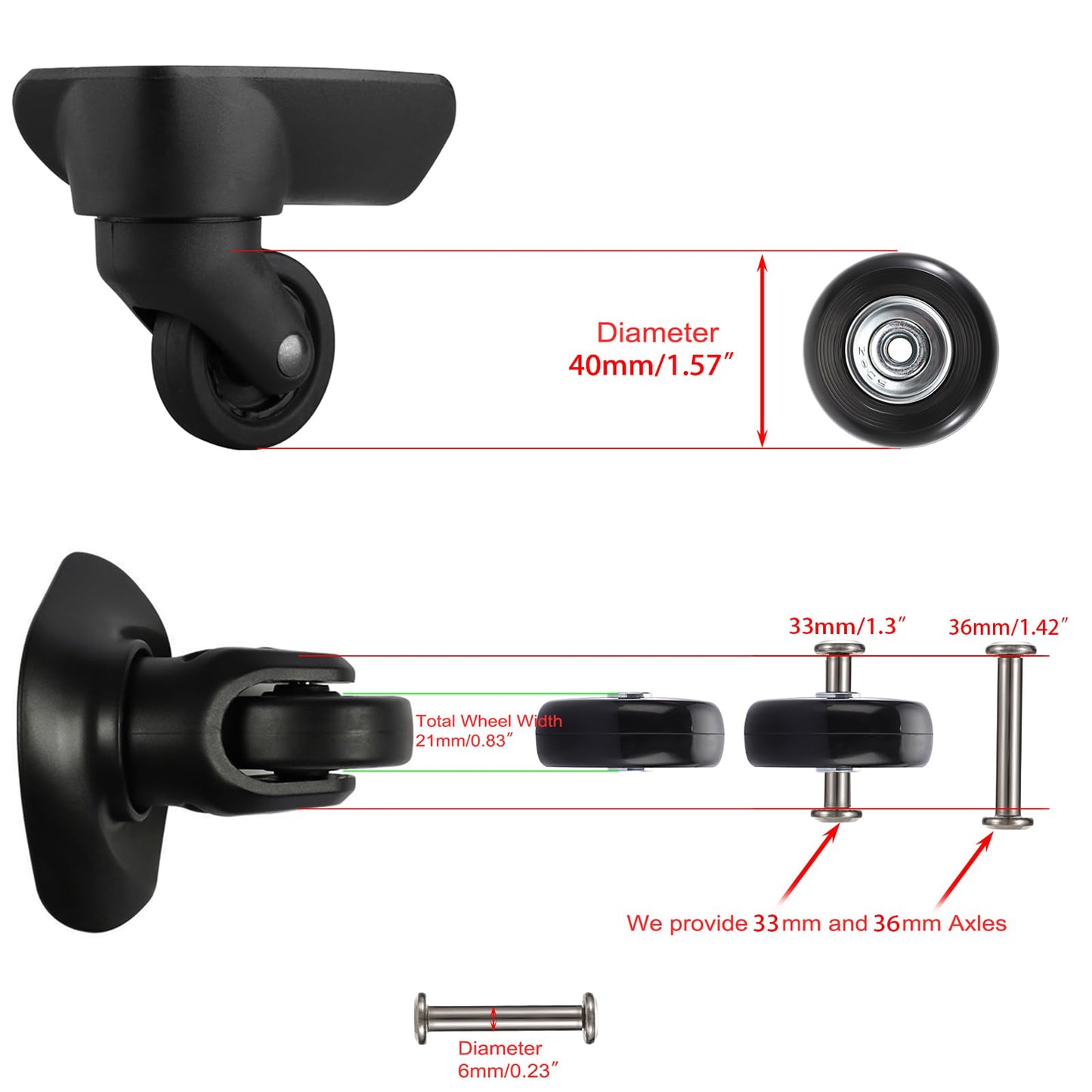 OwnMy Luggage Suitcase Replacement Wheels, 40mm x 18mm Rubber Swivel Caster, Black, Set of 4