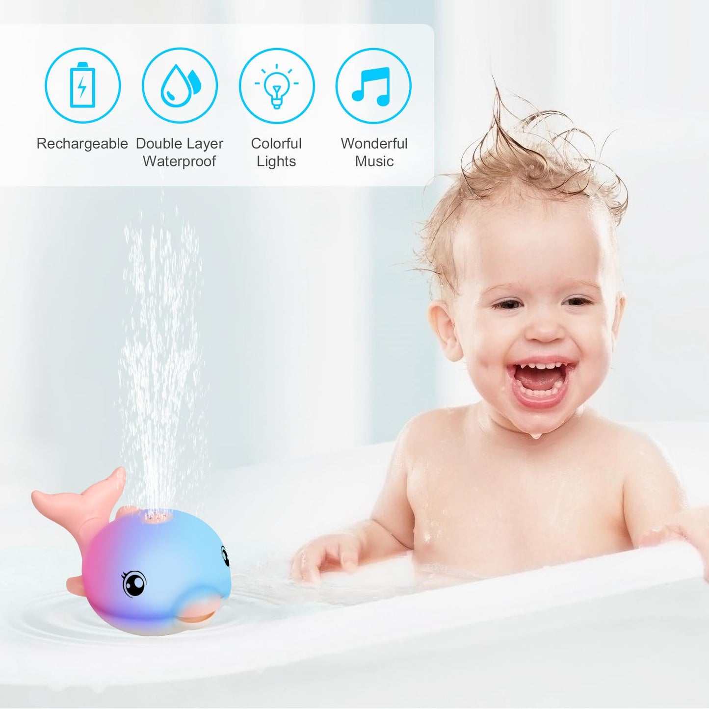 2024 Upgraded Bath Toys, Rechargeable Baby Bath Toys, Dolphin Spray Water Light Up Musical Toys 6-12 12-18 Months, Sprinkler Water Pool Bathtub Toys For Toddlers 1-3 2-4 Boys Girls Infant Kids - Pink