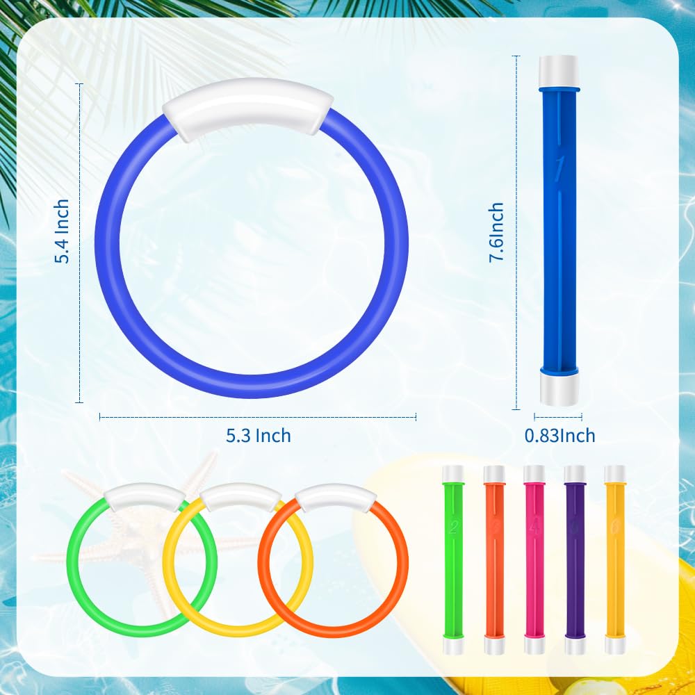 Navdlizu Diving Pool Toys For Kids Age 4-8, Underwater Training Pool Diving Rings Sticks Colorful Sinking Swimming Water Toy Wit