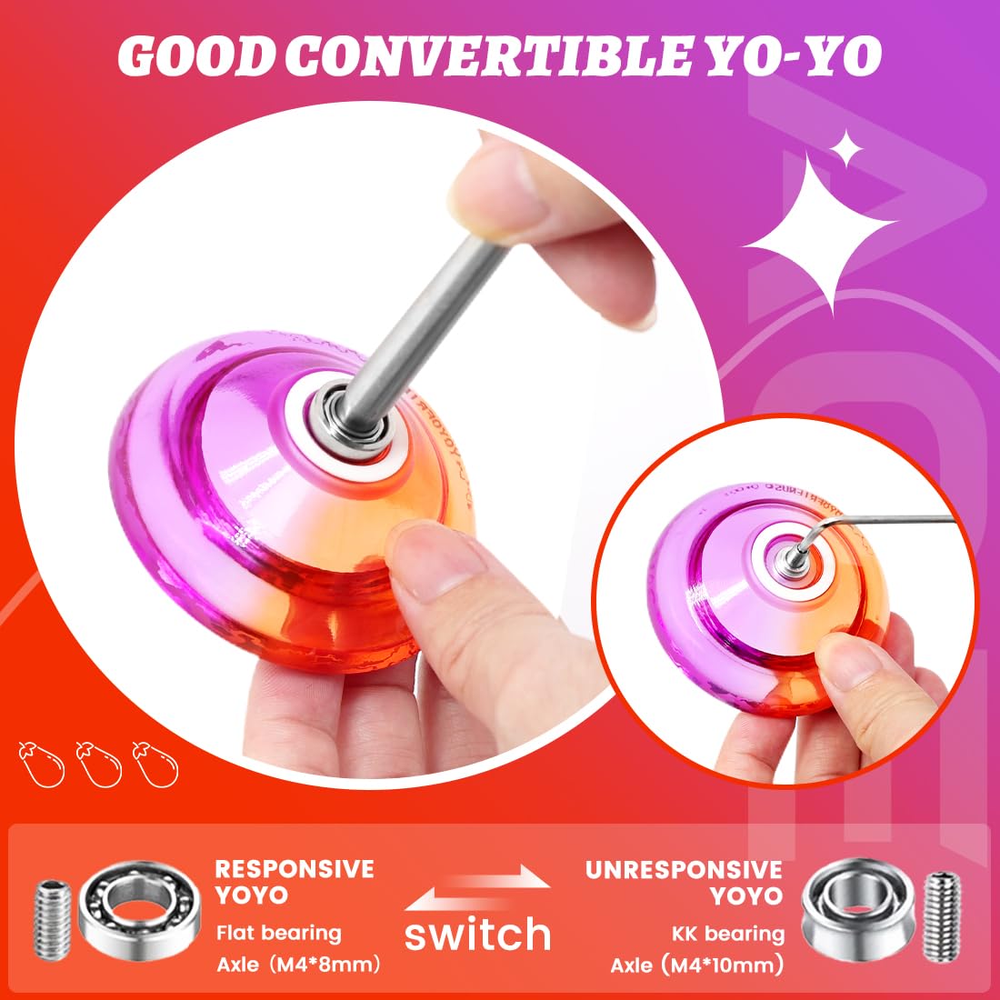 7YO Fingerspin Yoyo AOE for Beginners  Dual Purpose Yoyo Responsive & Unresponsive Yoyo for Finger Spin Trick with 10 Yoyo Strings  Unresponsive Bearing Accessories (Purple Red)