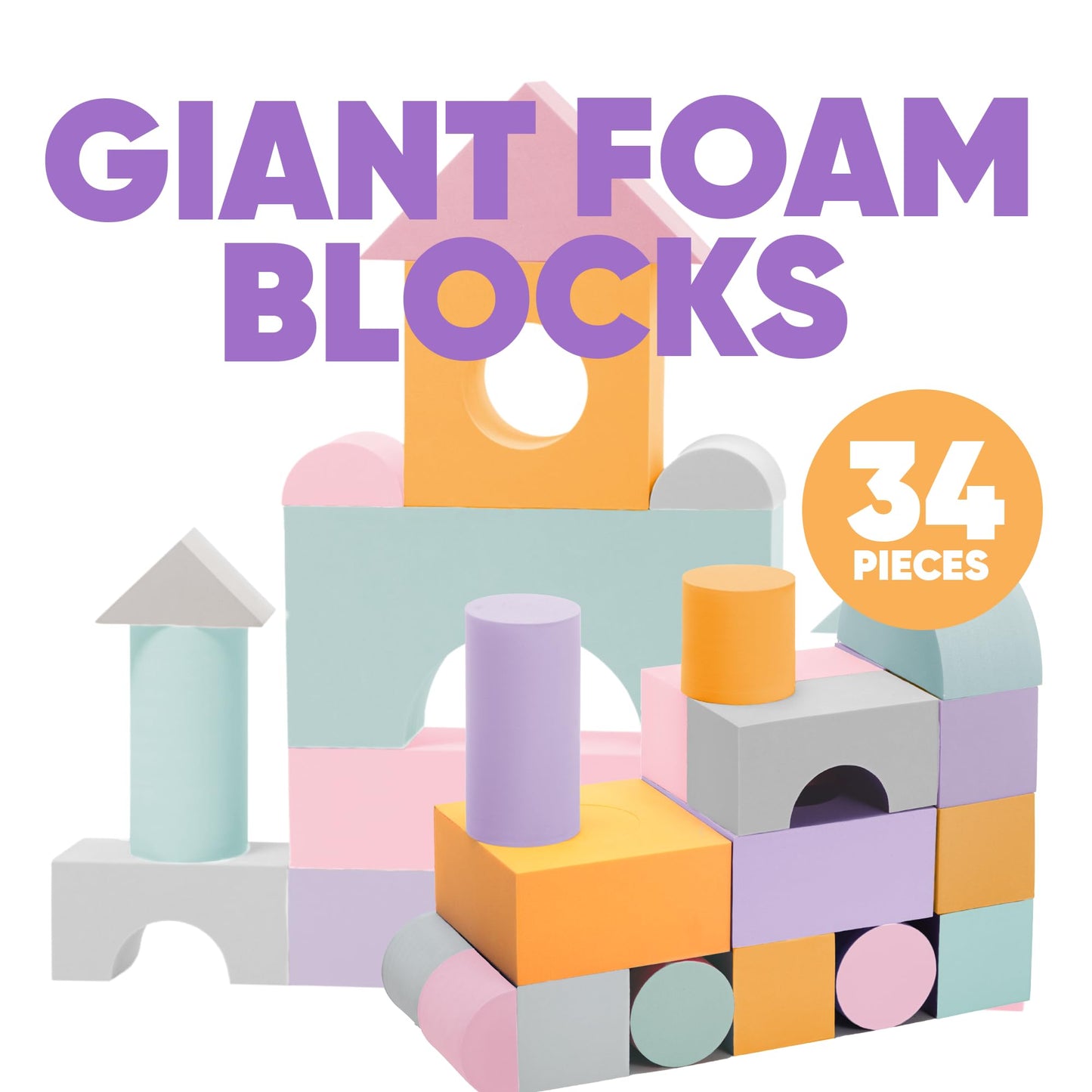 Set of 34 Jumbo Large Foam Blocks for Toddlers - Stacking Soft Blocks for Kids with Shapes & Colors Learning - Construction Building Preschool Toys - Giant Foam Bath Blocks for Toddlers 3-5 & above