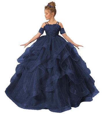 Zpvp Navy Long Girls Pageant Dress Ruffles Princess Flower Girl Dress Beaded Appliques Tulle Wedding Party Costumes Us4