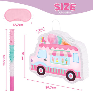 Wernnsai Ice Cream Piñata -15.7'' X 12.2'' Ice Cream Truck Piñata With Stick And Blindfold Birthday Game For Kids Girls Summer Candy Theme Party Baby Shower School Activities Dessert Party Decorations
