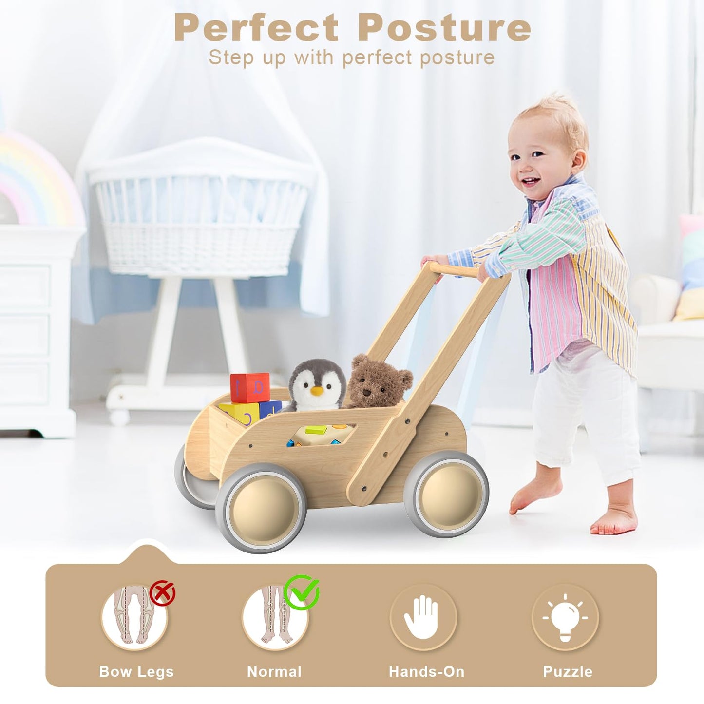 Wooden Baby Walker, Push And Pull Learning Walking Toys For Babies Infants To Toddler, Walker With Wheels For Boys Girls, Gift F