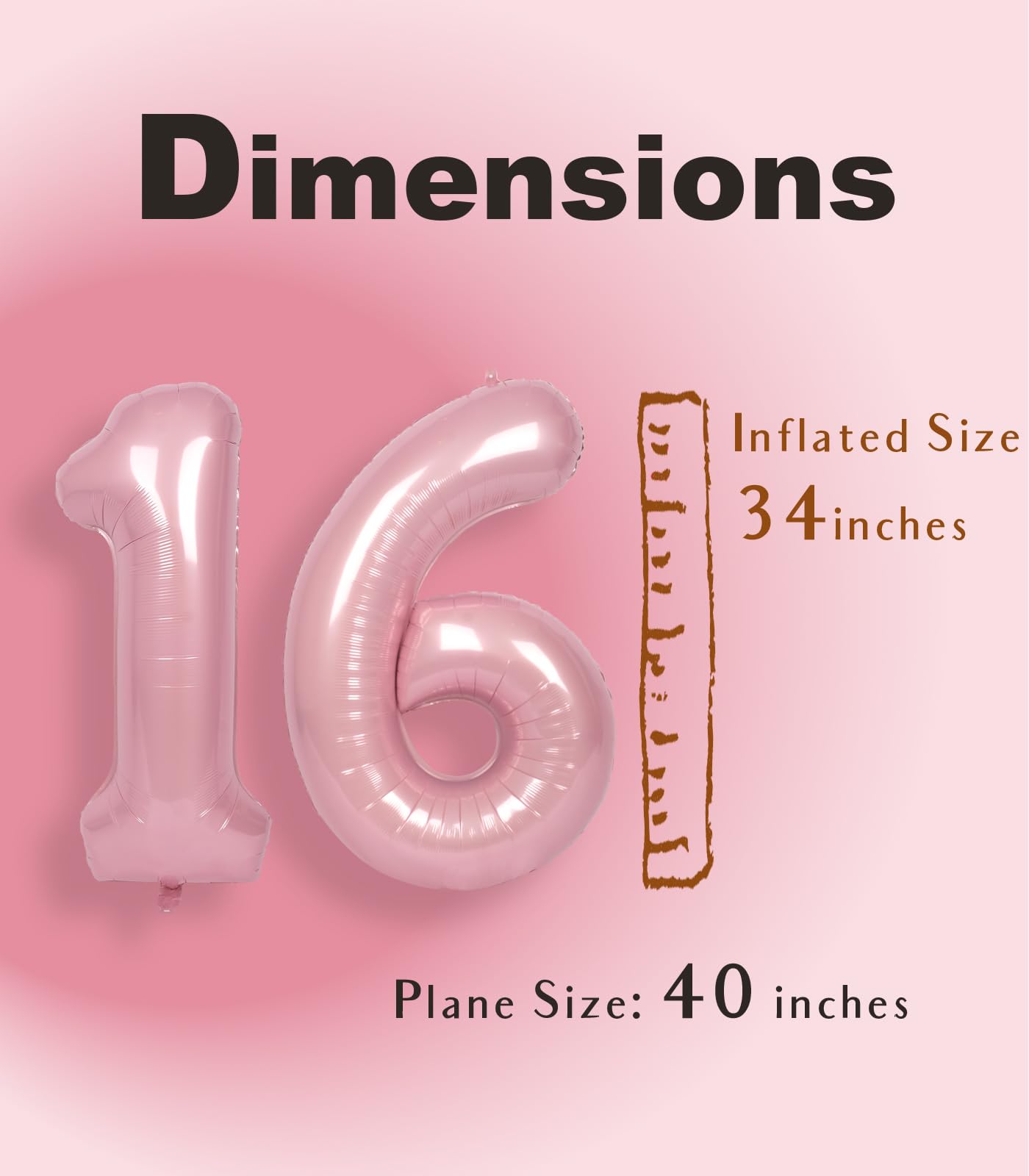 Suwen 40 Inch Pink Large 16 Number Balloons Big Foil Helium Number Balloons 0-9 Jumbo Happy 16Th Mylar Birthday Party Decoration