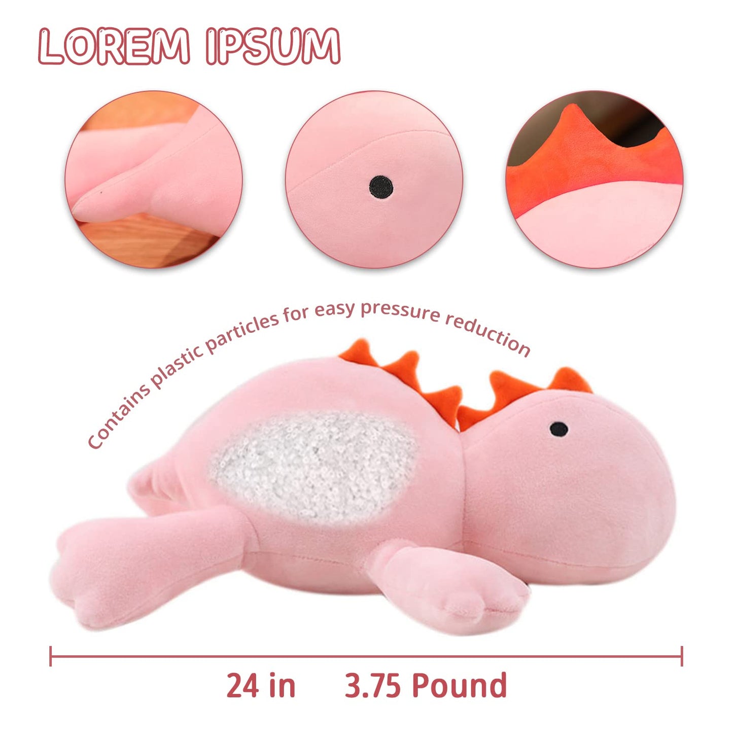 Popmeme Weighted Dinosaur Plush Throw Pillowd 24'' 3.5Lbs, Pink Dinosaur Weighted Stuffed Animal, Cuddle Plushies For Kids Birth
