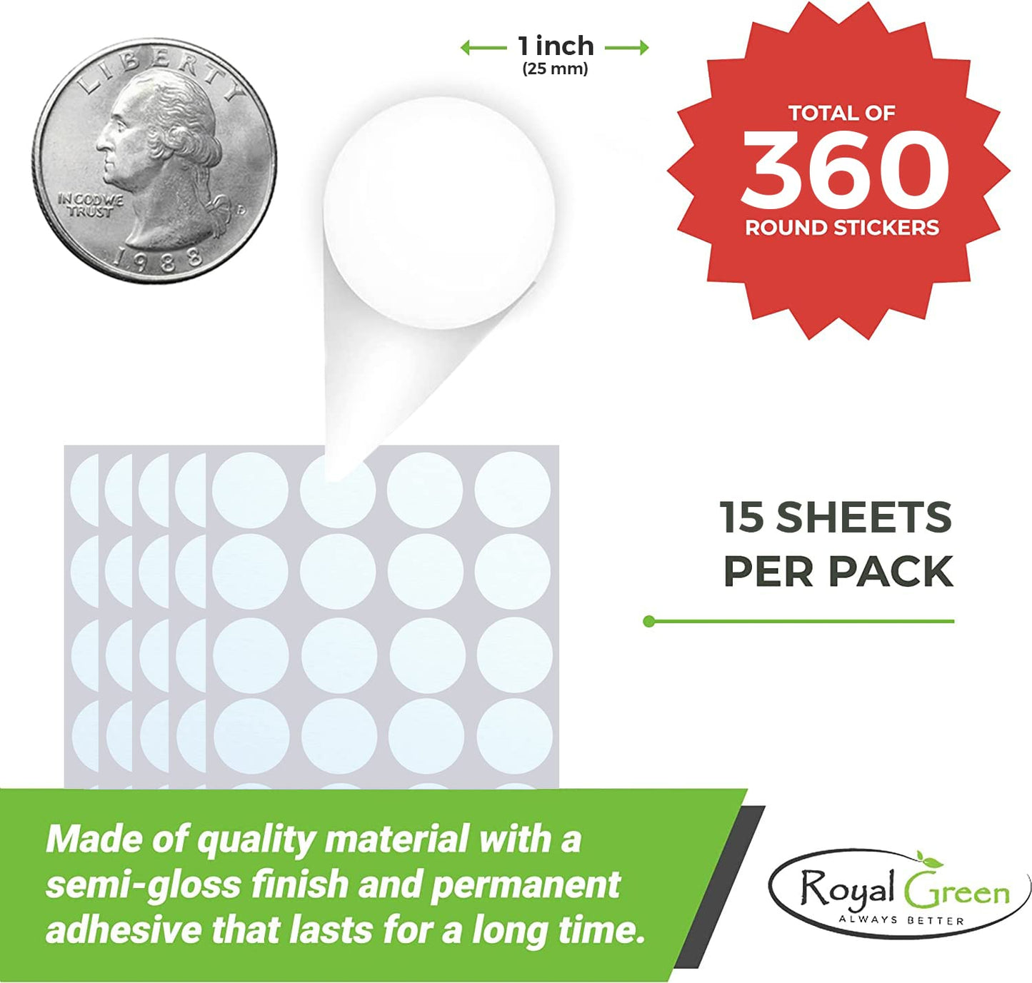 Royal Green Round Stickers 1 inch in 15 Colored Sticker Dots 25mm - 360 Pack