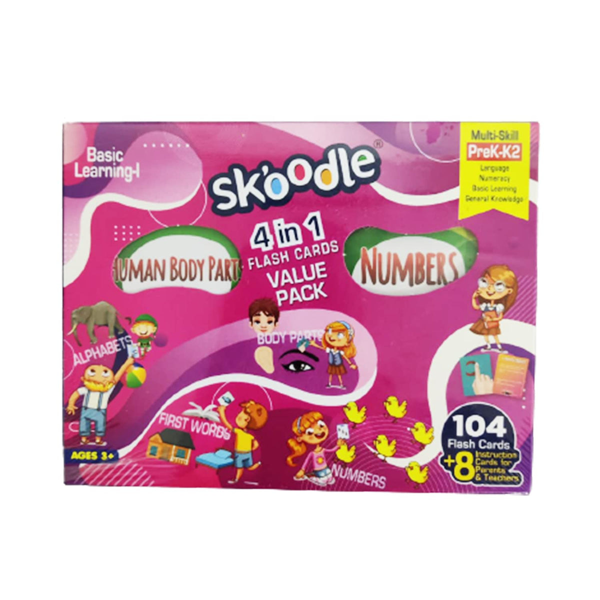 Skoodle 104 Double Sided And Reusable Flash Cards Value Pack 4 In 1 For Kids Age 3 4 5Years Old (Alphabets, Human Body Parts, Nu