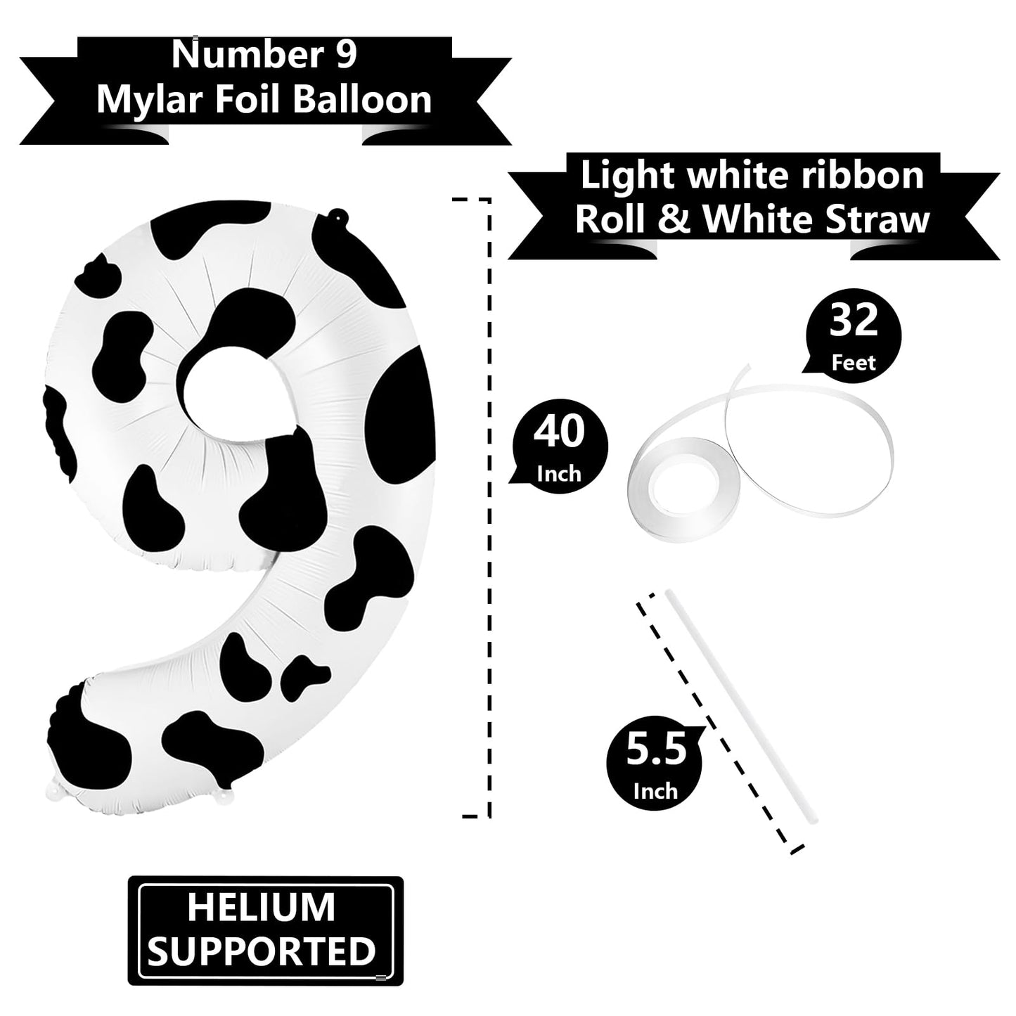 40 Inch Cow Print Balloon, Number 9 Balloons Cow Balloons For 9St Birthday Decoration, Large Cow Number Balloons For Western Par