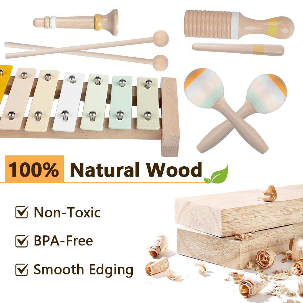 Baby Musical Instruments-Montessori Wooden Toys For Toddlers 1-3,Neutral Colors Percussion Instruments Set With Modern Boho Xylo