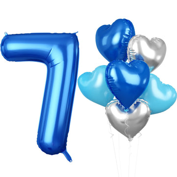 Biapian 40 Inch Blue Number 7 Balloons, Large Number 7 Balloon With 18'' Dark Blue And Silver Foil Heart Shape Balloons Helium F
