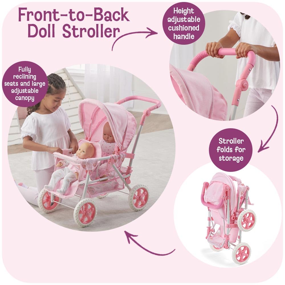 Badger Basket Double Front to Back Stroller for Dolls - Lightweight Foldable Toy Pram with Gingham Fabric Canopy and Storage Bas