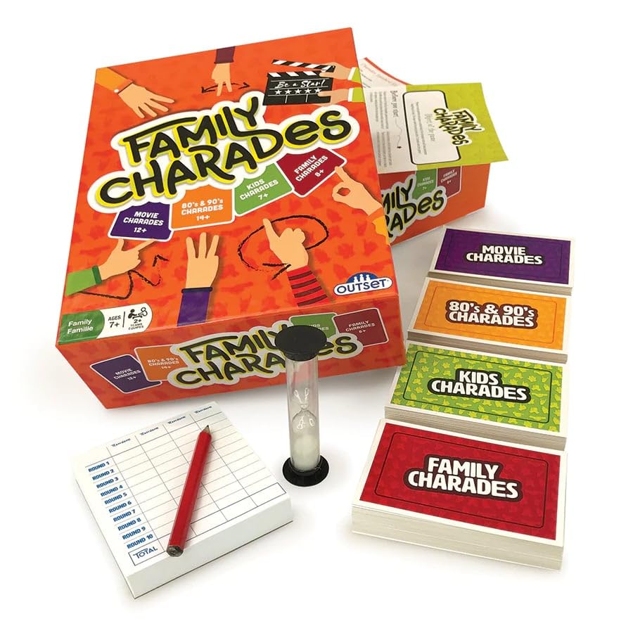 Outset Media Family Charades Game - 4 Games in 1 Box, Trivia for Ages 7+, Orange, Model 11168