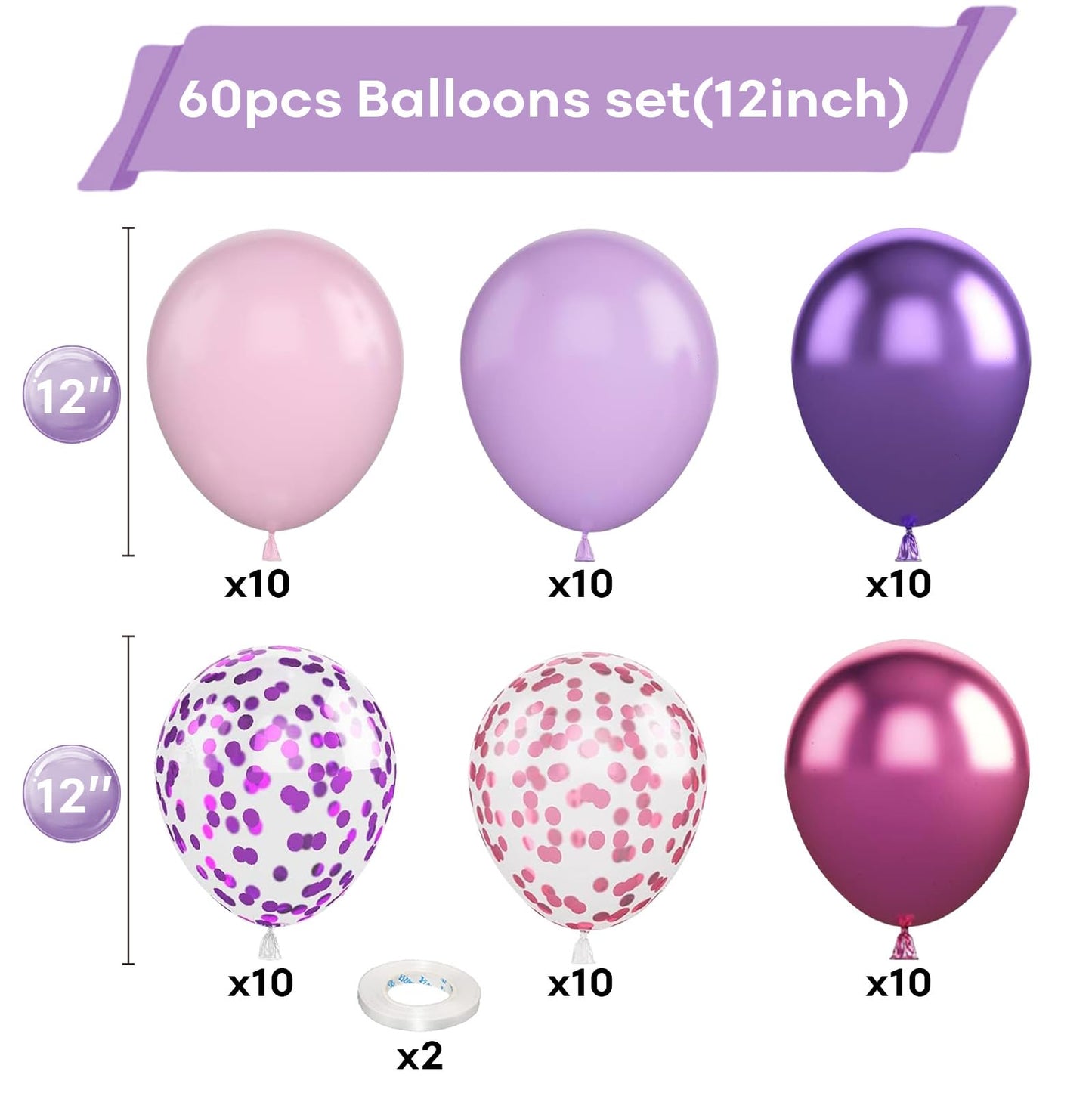 Togvu 60 Pack Metallic Confetti Balloons - 12 Inch Pink Purple Latex for Birthday, Wedding, Baby Shower Decorations