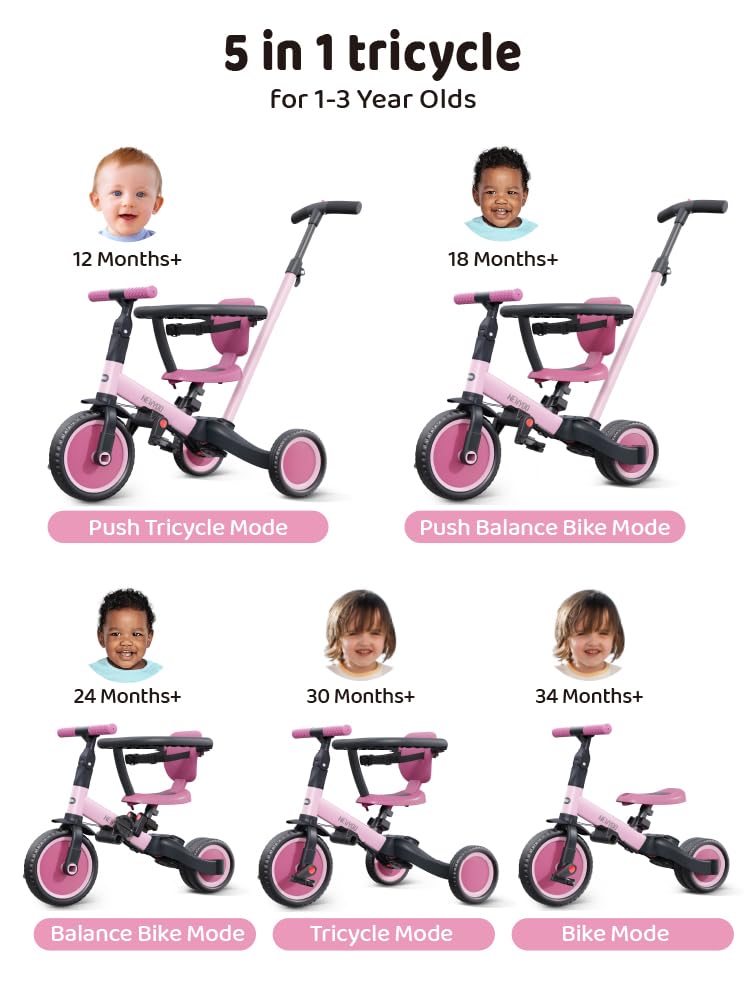 Newyoo Tricycle For Toddlers 1-3, Toddler Bike, 5 In 1 Trike With Push Handle, Christmas And Birthday Gift And Toy For Girls, Co