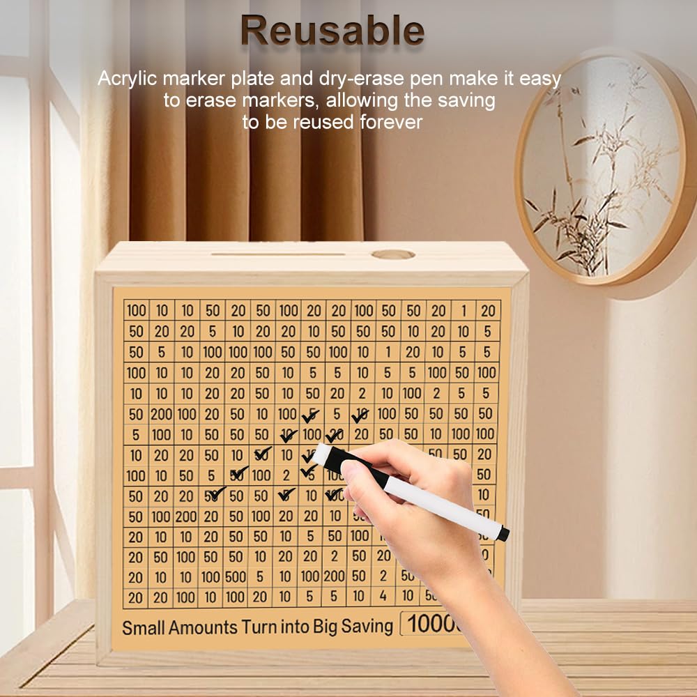 Cash Vault Money Savings Box, Piggy Bank For Adults Kids, Coin Bank For Boys And Girls, 10000 Savings Challenge Box, Wooden Cash