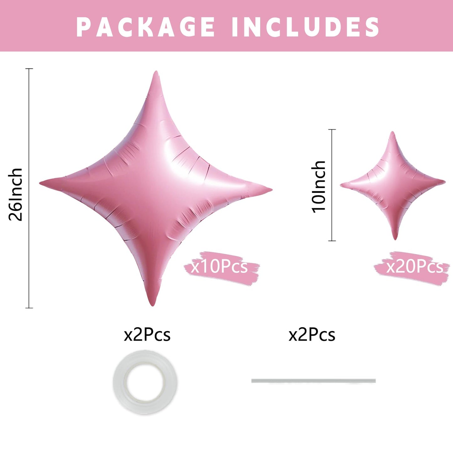 TONIFUL 30Pcs 26In&10In Star Balloons Large Pink Four Pointed Star Shape Foil Balloons Mini Star Mylar Balloons for Birthday Wed
