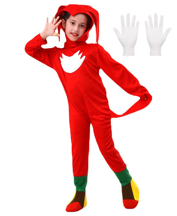 Sikkeco Halloween Costume Kids Deluxe Red Hedgehog Jumpsuit Cartoon Cosplay Unisex (Red, X-Small(3-4 Years))