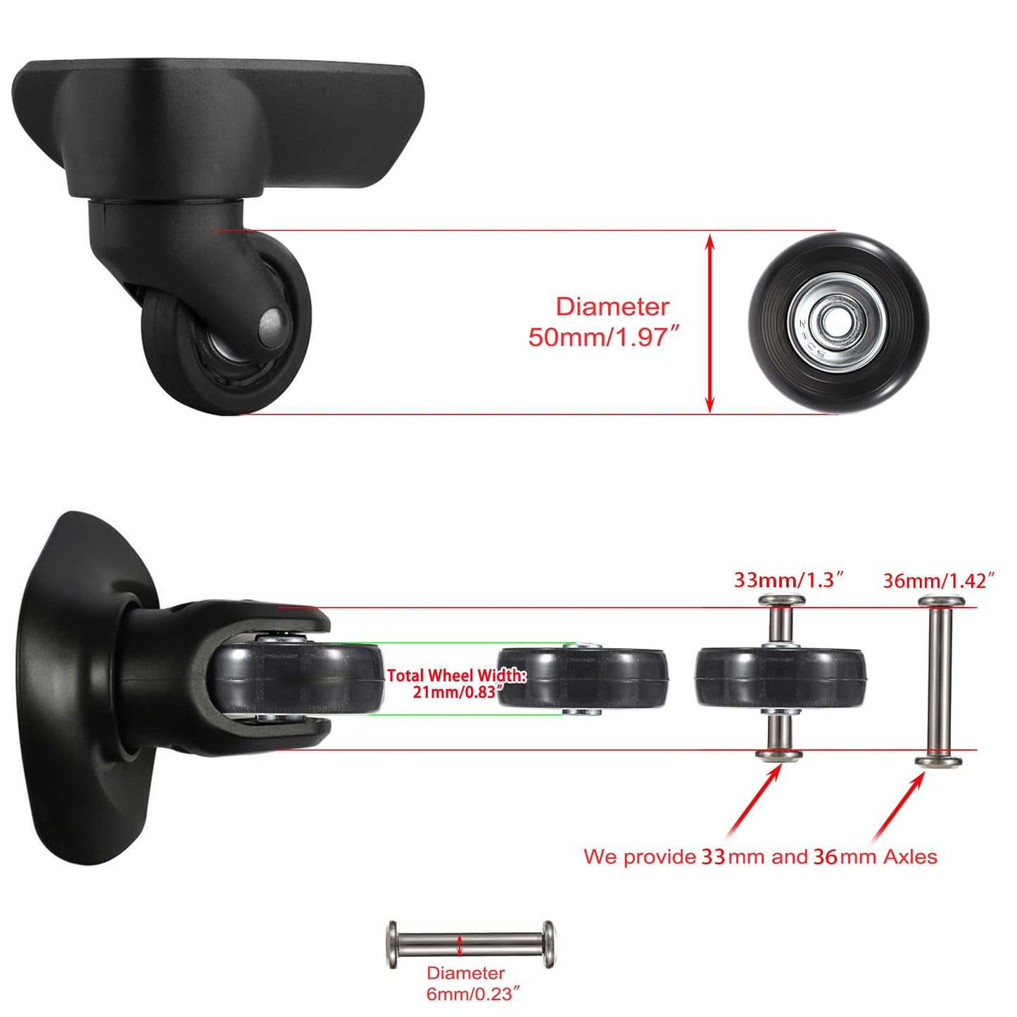 Ownmy 50Mm X 18Mm Luggage Suitcase Replacement Wheels, Rubber Swivel Caster Wheels Bearings Repair Kits, Set Of 2