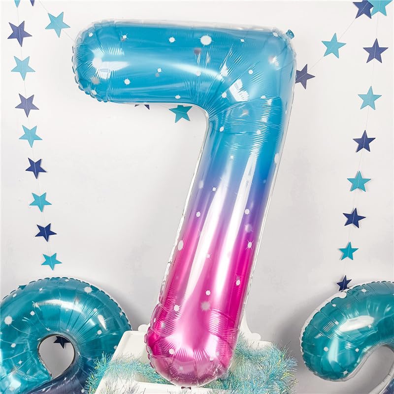 40 Inch Balloon Number 7 Mermaid, Large Mylar Foil Blue Pink Starry Number Seven Balloons Set For Girls Women, Rainbow Globos De