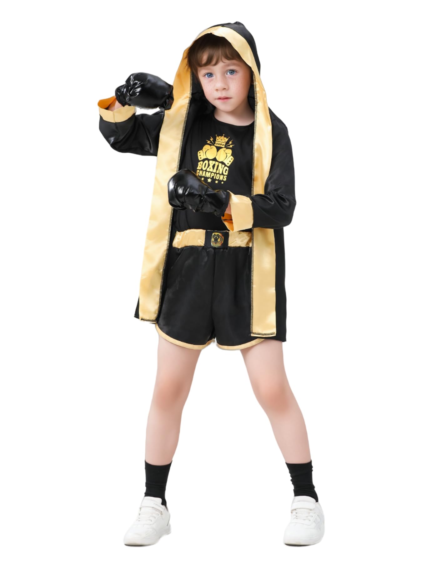 Child's 4 Pcs Boxing Champions Costume with Top, Shorts, Hooded Cape, Gloves Halloween Fancy Dress Boxer Uniform for Kids (Black