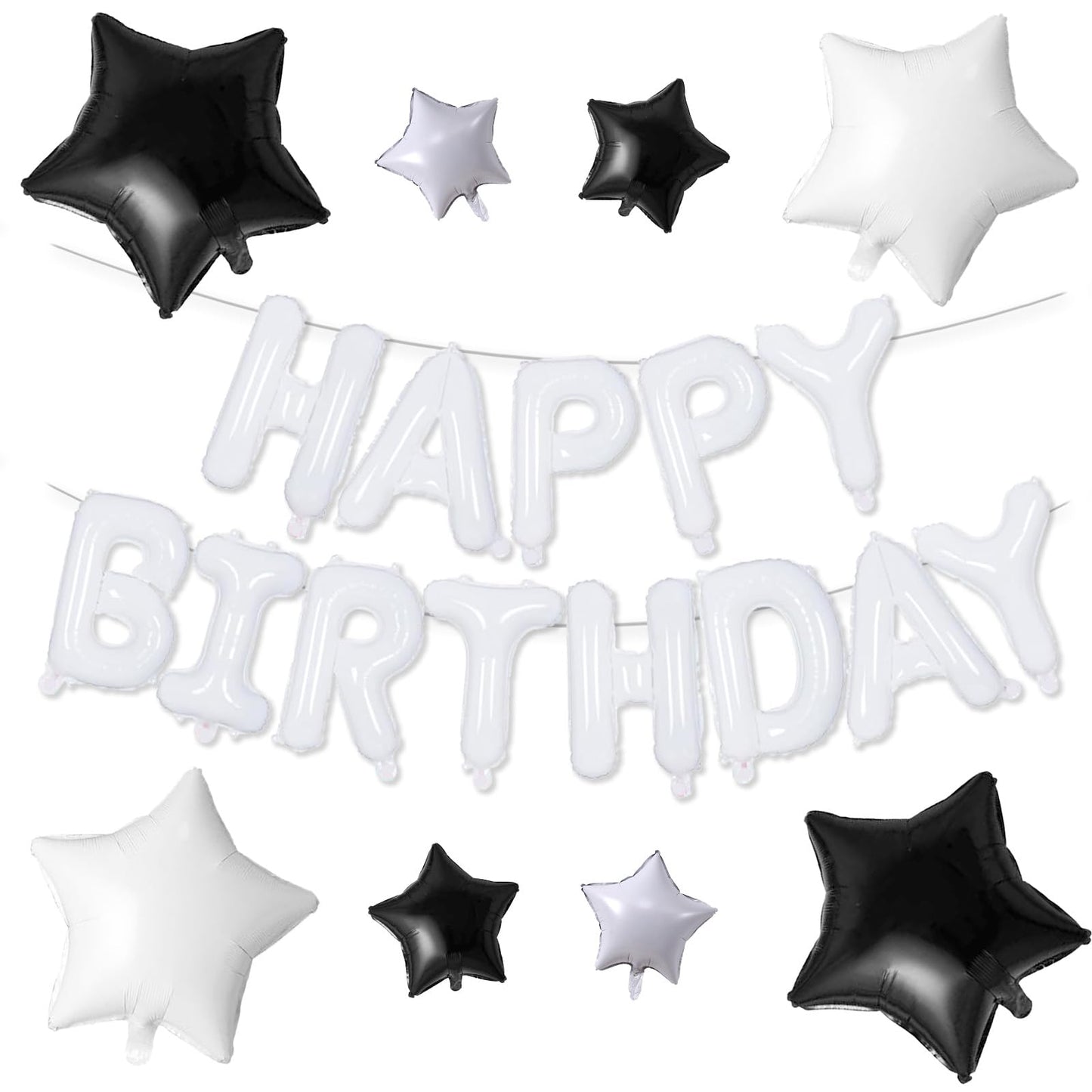 Happy Birthday Balloons Banner, White Happy Birthday Foil Balloons 16 Inch Mylar Foil Letter Balloons With 8 Pcs Black White Sta