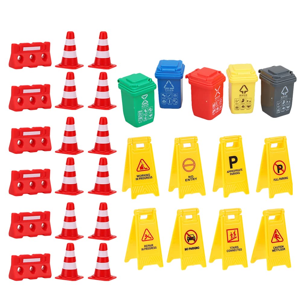 TOYANDONA 31Pcs Road Signs for Kids, Miniature Plastic Traffic Cones Mini Barrel Roadblocks Toys Set Educational Playset Pieces 