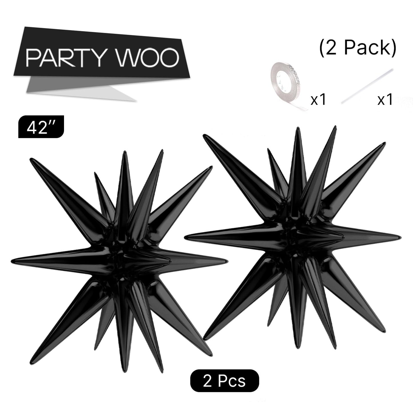 Partywoo Black Star Balloons, 2 Pcs 42 Inch Large 14-Pointed Starburst Balloons, One-Piece Star Explosion Balloons With Ribbon, Point Star Foil Balloons, Mylar Balloons For Birthday Party Decorations