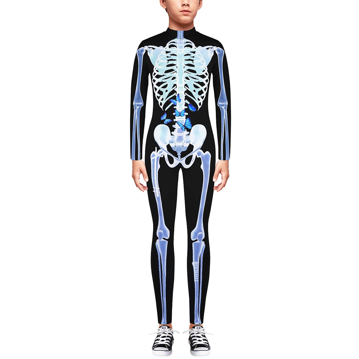 Remimi Halloween Skeleton Costume For Girl Boys Scary Cosplay 3D Print Zip Up Back Outfit Bodysuit Blue Butterfly L