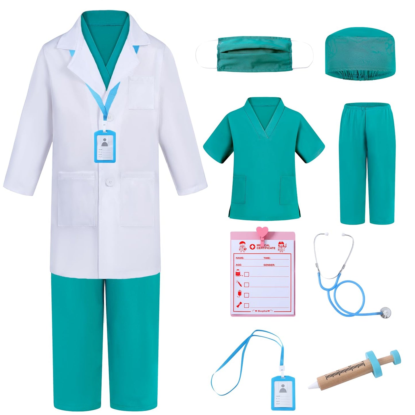 Aoiviss Doctor Costume for Kids Scrubs Pretend Play Kit with Doctor Lab Coat and Stethoscope Halloween Doctor Dress up for Boys Girls  Green