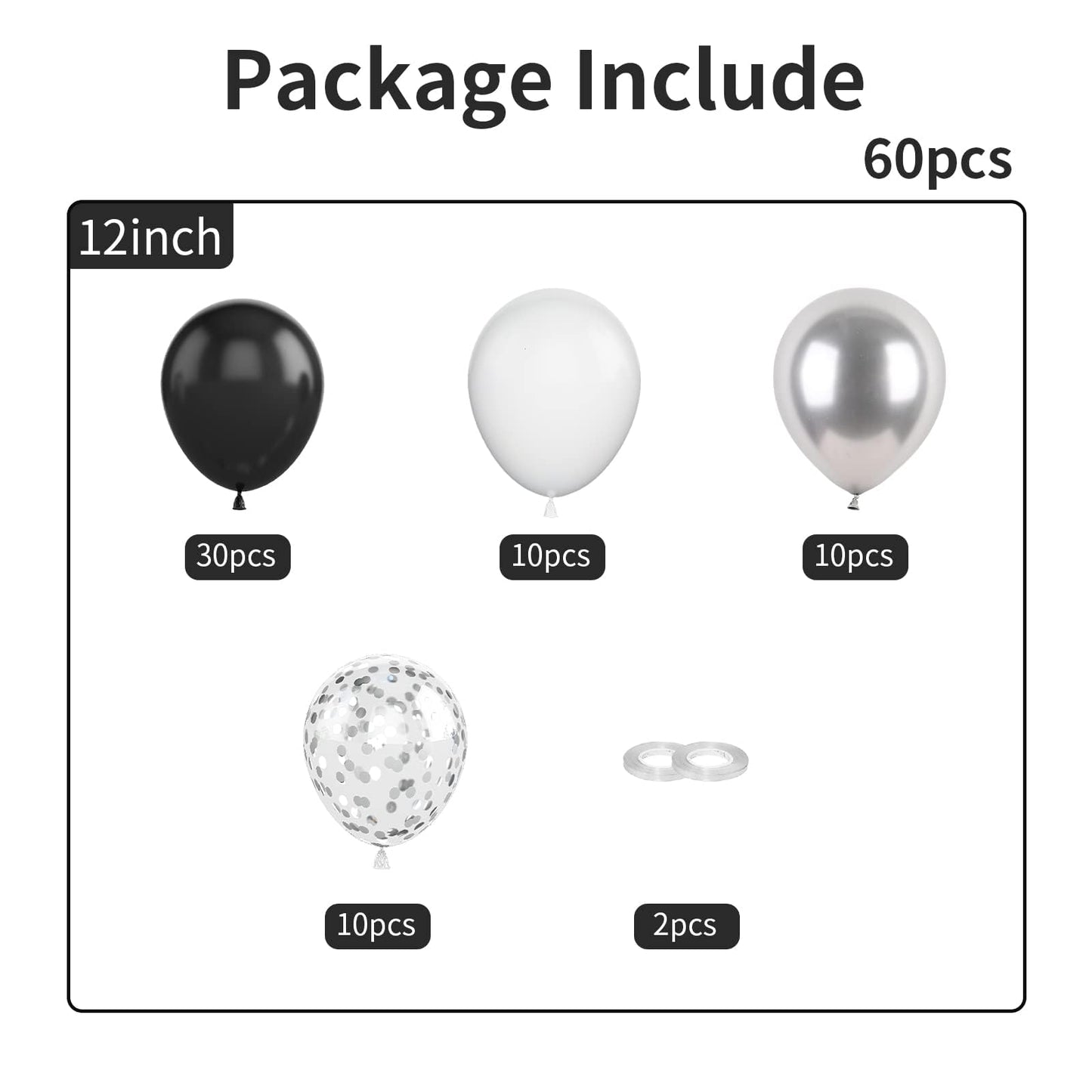 Black Silver Balloons, 60Pcs 12 Inch Black White Metallic Silver Balloons Set With Sliver Confetti Balloons Helium Latex Balloon