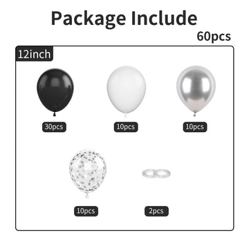 Black Silver Balloons, 60Pcs 12 Inch Black White Metallic Silver Balloons Set With Sliver Confetti Balloons Helium Latex Balloon
