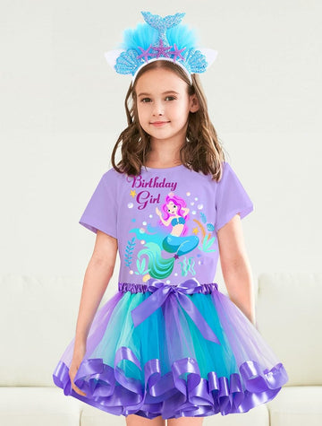 Doctor Unicorn Birthday Girls Mermaid Outfit Set Costume Tutu Skirt Dress, Mermaid Birthday Shirt, Headband & Satin Sash (Purple-1, 8-9 Years)